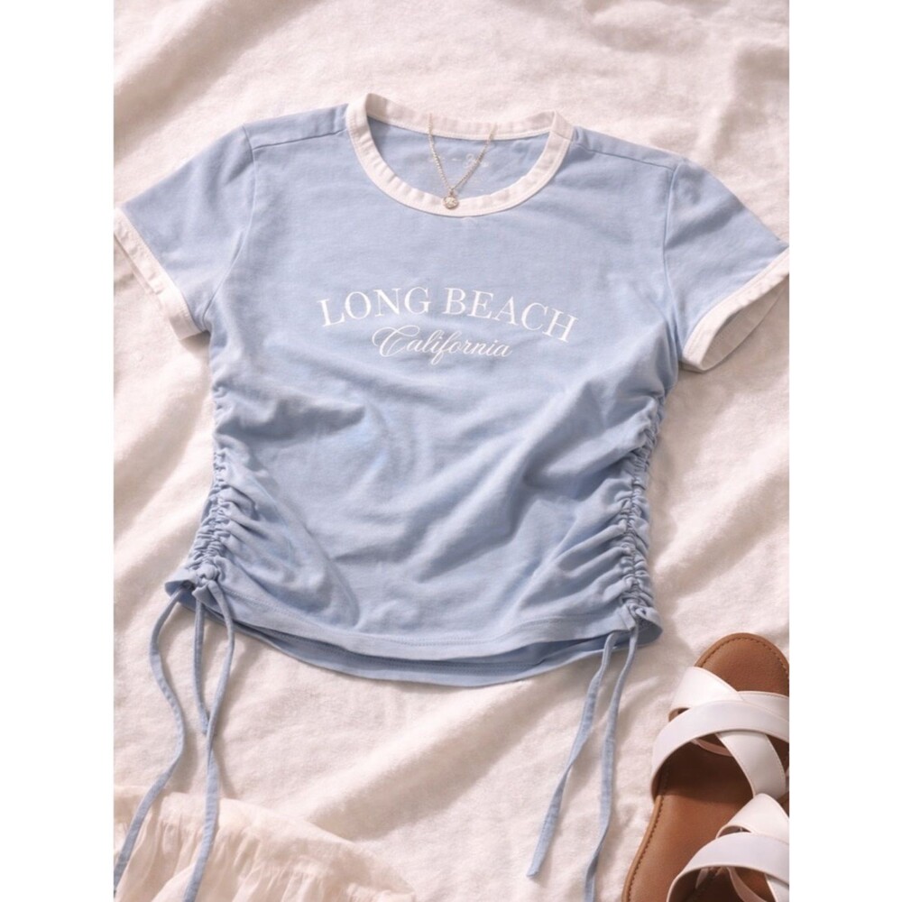 Light Blue "Long Beach California" Drawstring Crop Top
